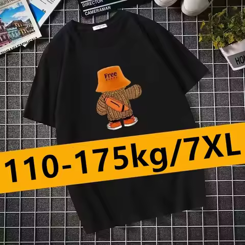 Black T-shirt for Men Printed Tee Plus Size 110-175kg 6XL/7XL Summer Cotton T-shirt Round Neck Short