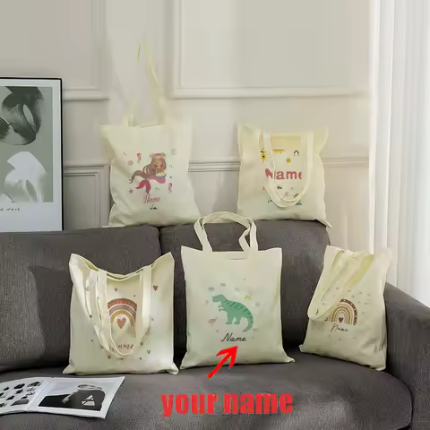 Customizable with Name Mermaid Cute Rainbow Clouds Pastel Dinosaur Canvas Shopping Bag Tote Bag Pouc
