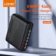 LDNIO อแดปเตอร์โน้ตบุ๊ก 140W USB-C & USB-A PD & GaNFast สามประเภท หัวชาร์จเร็ว 6 พอร์ต A6140C