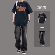 Summer Short-Sleeved Top T-Shirt Half-Sleeved Pure Cotton T444+K37 Jeans Suit S-3XL