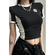 Amyway Functional Style Black White Stitching Retro Printed Short-Sleeved T-Shirt High Street Hot Gi