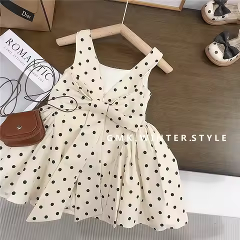 2026 Summer Kid Girl Sleeveless Dress Cotton Dot Print Infant Girl Sundress Squared Collar 1-8Y Girl