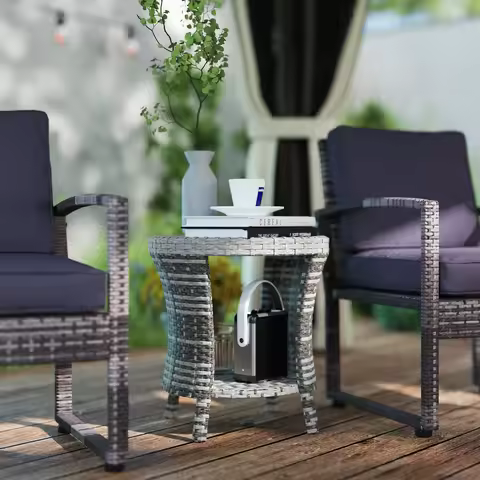 18" Wicker Coffee Table, 2-Tier Outdoor Side Table, Mixed Gray