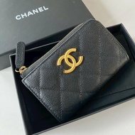 CHANEL 黑色 荔枝牛皮 金色 金屬絲紋 大CC 拉鍊 鑰匙 卡包 零錢包 桃紅色內裡