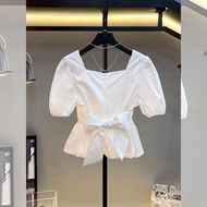 เซินเจิ้น Nanyou ระดับไฮเอนด์ ผู้หญิง แฟชั่น เรียบง่าย สีขาว Bubble Sleeve Square ปกเสื้อ เสื้อเชิ้ต