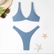 QP1M Solid Color Split Swimsuit Girl Series Sexy Deep V Gather Cross-Border Bikini Strap High-End Pu