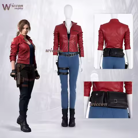 Game RE2 Claire Cosplay Costume Claire With Accessories Red Leather Coat Women Complete Suit Claire 