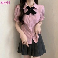 Suiiss Women's Short Sleeve Tops - Y2K Bowknot Prep Style | Slim Fit Crop Tops for Students