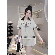 Women's Set, pleated T-shirt skirt mixed with German collar shirt with guangzhou ribbed hem G0958 Ho