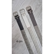 LK555 Premium PU Leather Belt Metal Pin Width 4 Cm. Length 45 Inches Black Silver Head Punk Rock Sty