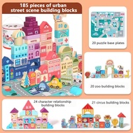 ชุดบล็อกไม้ City Street Scene Building Block 140/185 ชิ้น สำหรับเด็กอายุ 0-3 ปี - สีสันสดใสและของเล่