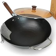 Nomware 14-inch light weight cast iron wok with glass lid and chain mail