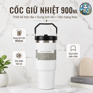 890ml thermos cup with rotating lid straw, 304 stainless steel water bottle