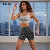Lovito Sporty Sport Shorts Ruched 2in1 Skirt Tummy Control for Running Yoga Pants Tennis for Women L