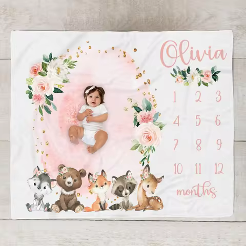 VIKAMA Baby Growth Record Blanket Forest Animal Wreath Design Newborn Gift 100-Day & First Birthday 