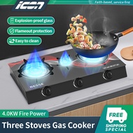 ICON Gas Stove Domestic Two-range/Three-range Natural Gas 4.0KW Gas Cooker Tempered Glass Top Stainless Steel Body Fire Control Installation Free