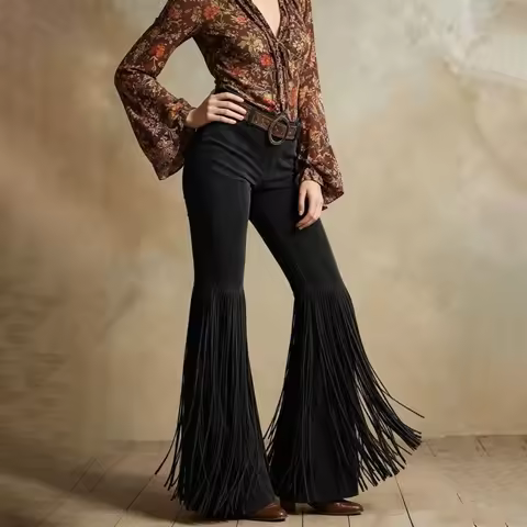 31BF Vintage Fringe Pants for Women High Waist Trousers Club Party Western Stretch Flared Pants
