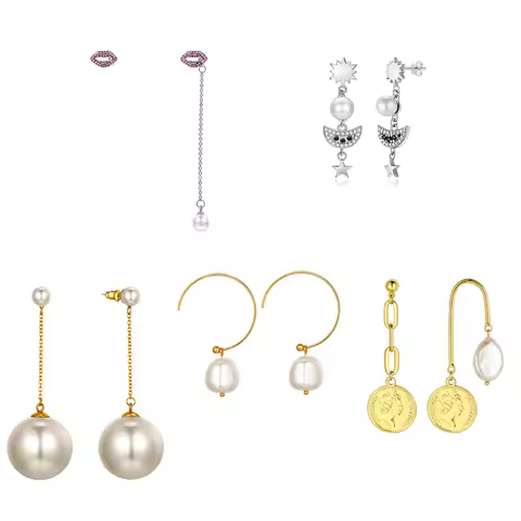 U7 Pearl Dangle Earrings for Woman Asymetric Baroque Pearl Beads Design Queen Coin Stars Lips Charm 