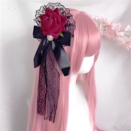 Jepit Rambut Bunga Mawar Renda Pita Gaya Gothic Lolita Rose Hair Clip Hairpin Aksesoris Hiasan Kepal