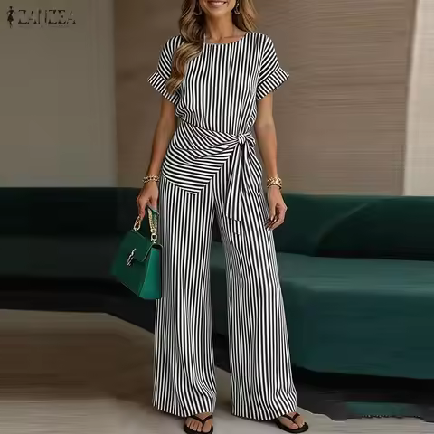 Fashion Women Outfits ZANZEA Summer 2PCS O Neck Short Sleeve Blouse Wide Leg Pant Sets Striped Work 