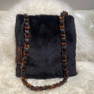 Chanel 中古兔毛玳瑁單帶肩袋