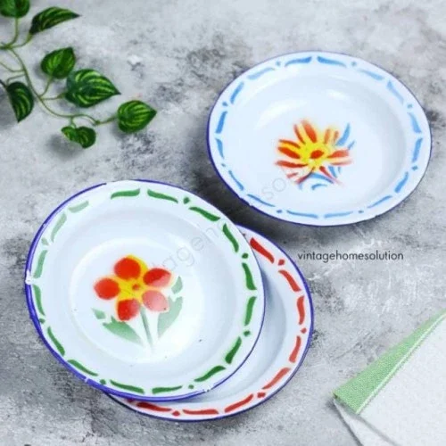 Termurah 1 Lusin / 12 Pcs Piring Enamel Jadul Motif Bunga Tebal - Piring Seng Vintage Motif Bunga - 