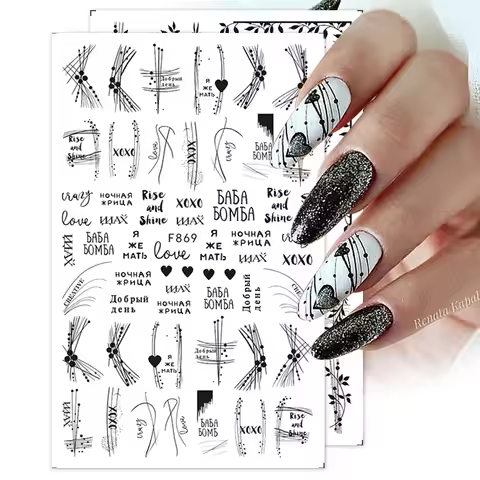 White Black Line Heart English Letter 3D Nail Sticker Leaf Flower Butterfly Summer Fruit Sliders Nai