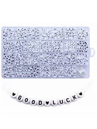 1400 Piezas 4x7mm Cuentas de Letras del Alfabeto de Acrílico Redondas Blancas Cuentas con Patrón de Corazón AZ y Línea de Cristal para Hacer Joyas Pulseras Collares Llaveros