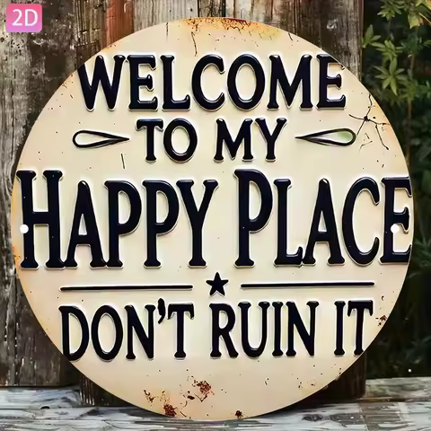 2D Flat - A Vintage Aluminum Sign Saying 'Welcome to My Happy Place' in a 2D Flat Design, Suitable f