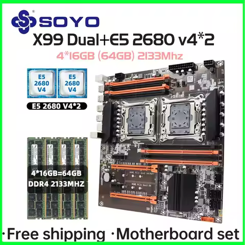 X99 Dual CPU Motherboard Kit lntel Xeon E5 2680 V4&DDR4 64GB (4*16GB) LGA2011-3 M.2 NVME for Desktop
