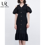 URBAN REVIVO Women dress Loose Slim-Fit V-Neck Striped puff sleeves Threaded Split Knit Dress