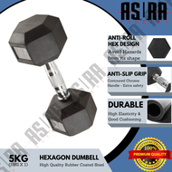 ASURA Fitness 5kg Premium Rubber Coated Hexagon Dumbbell with Contoured Chrome Handle