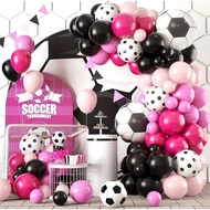 127pc-Soccer Party Balloon Garland Arch Kit, Black Hot Pink Balloon Decorations With Soccer Foil Bal