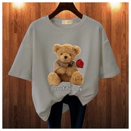 BAJU KAOS WANITA OVERSIZE LENGAN PENDEK BEAR LOVE LEHER BULAT KAOS MURAH COTTON COMBED blus jumbo