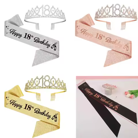 2Pcs/Set Crown and Pearl Pin Set for 18th Birthday - Happy 18th Birthday Sash, Tiara, Cake Topper, D