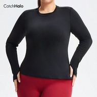 Plus Size Contrast Mesh Sports Tee For Women - Long Sleeve & Crew Neck & Thumbholes & Side Vents 4-W