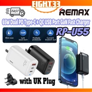 [Ready Stock] Remax RP-U55 Ligil Series 65W Dual PD Type-C + QC USB Port GaN Fast Charge Wall Charger (UK Plug) for Samsung / Xiaomi / Huawei / Oppo / Vivo / Realme / OnePlus