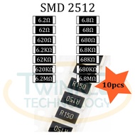 Resistor SMD 2512 6.2ohm,6.8ohm,620ohm,680ohm,6.2Kohm,6.8Kohm,62Kohm,68Kohm,620Kohm,680Kohm 5% 10 pc