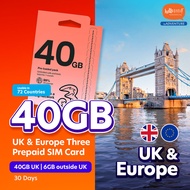 Hello1010 UK & Europe (72 Countries) Three 40GB/(6GB Data outside UK) Calls & SMS Travel Prepaid Sim