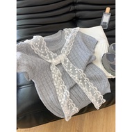 【Ready Stock】【3711灰色配蕾丝披肩短袖针织衫女2025夏季新款小个子短款正肩显瘦上衣 CNY