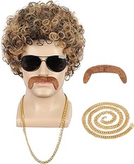yuehong Short Curly Mens 70s Afro Disco Dirt Bag Wig With Mustache Necklace Set California Costume H