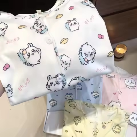 Cute Chiikawa Momonga Cartoon Pajamas Set for Thin Fleece Open Collar Warm Homewear Autumn Winter Vi