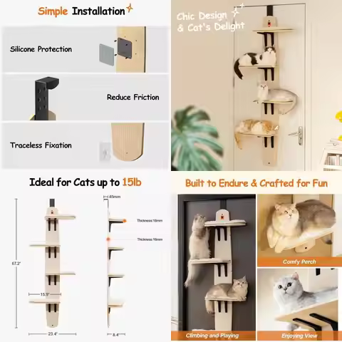 Over-the-Door 4-Level Wooden Cat Climber with Removable Mat, 67.2H x 23.4L x 8.4W