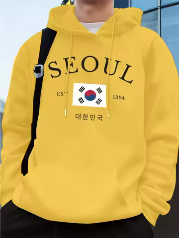 Seoul Est 1394 Flag Letter Prints Hoodie Mens Jogging Pocket Pullover Sporty Loose Sweatshirts Winte