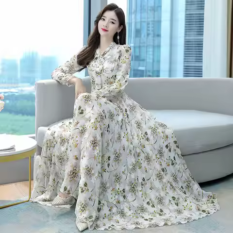 Spring Autumn Long Sleeve Women's Dress Embroidered Chiffon Maxi Skirt Belted Beach Swing Butterfly 