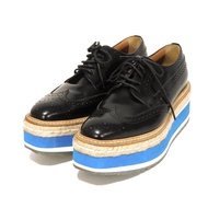 PRADA Medallion Wingtip Dress Shoes, Size 35 1/2, Calfskin, Jute, Rubber, Lace-up, Platform, 23.5cm,