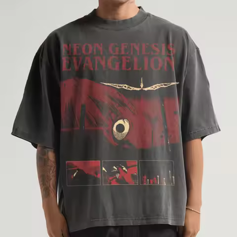 Retro anime T-shirt featuring Neon Genesis Evangelion: First Child, Rei Ayanami, Asuka, and Kenji ma