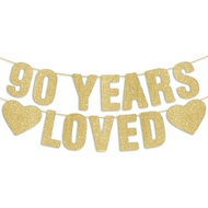 Pre-Strung 90th Birthday Banner - Gold Glitter, Happy 90th Birthday Decorations for Women, 90 Year O