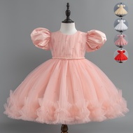 Girls Princess Pink Dress Puff Sleeve Multi-Layer Lace Short White Dresses Birthday Party Christmas 