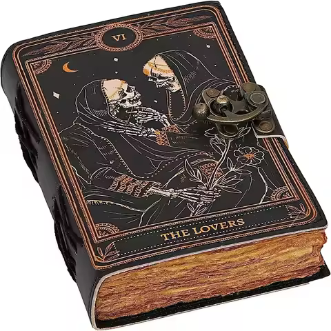 C Book of Spells Leather Journal Deckle Edge Paper Grimoire Printed Journal The Lovers Tarot Noteboo